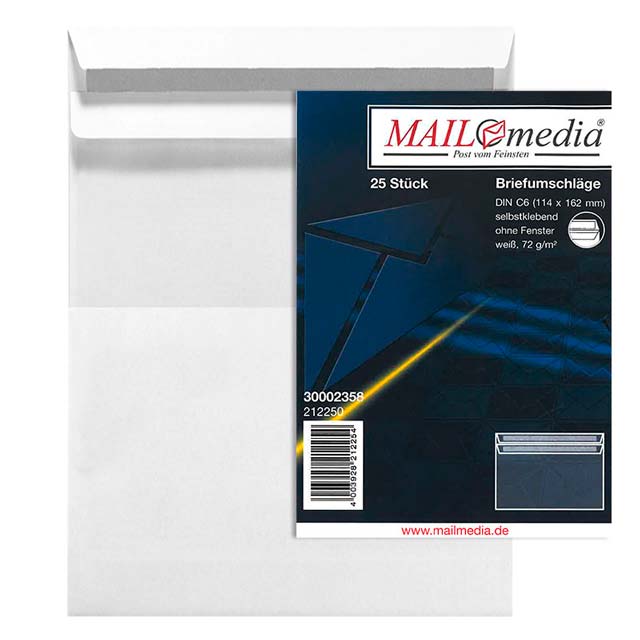 Briefumschlag Größe C6 im 25er-Pack in weiß ohne Fenster und selbstklebend