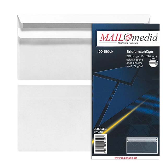 Briefumschlag DIN lang im 100er-Pack in weiß ohne Fenster und selbstklebend