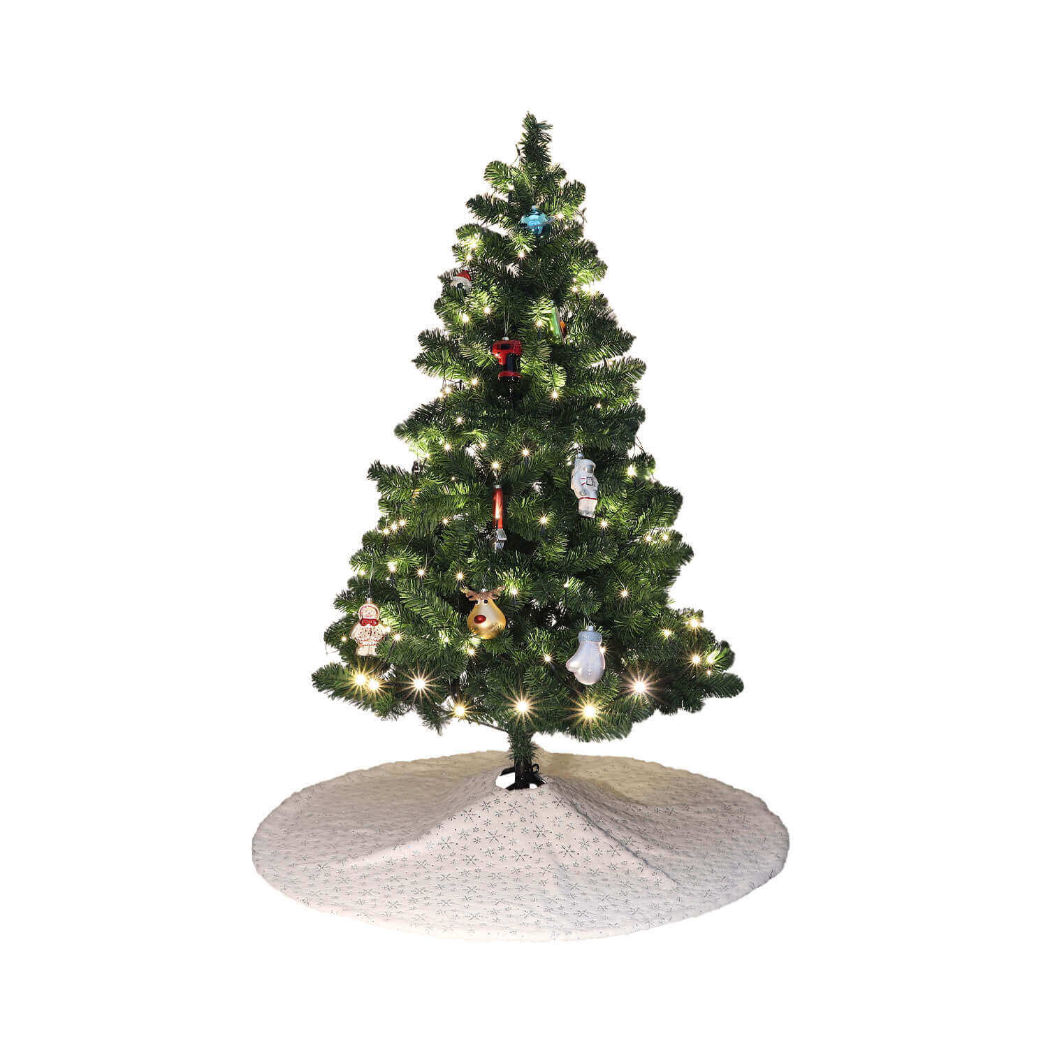 Weihnachtsbaumdecke aus Stoff mit weihnachtlichen Ornamenten, weiß/silber