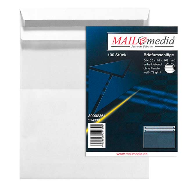 Briefumschlag Größe C6 im 100er-Pack in weiß ohne Fenster und selbstklebend