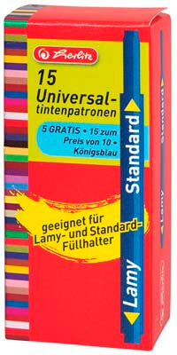 Herlitz Universal-Tintenpatronen im 15er-Pack in königsblau, geeignet für LAMY- und Standard-Füllhalter