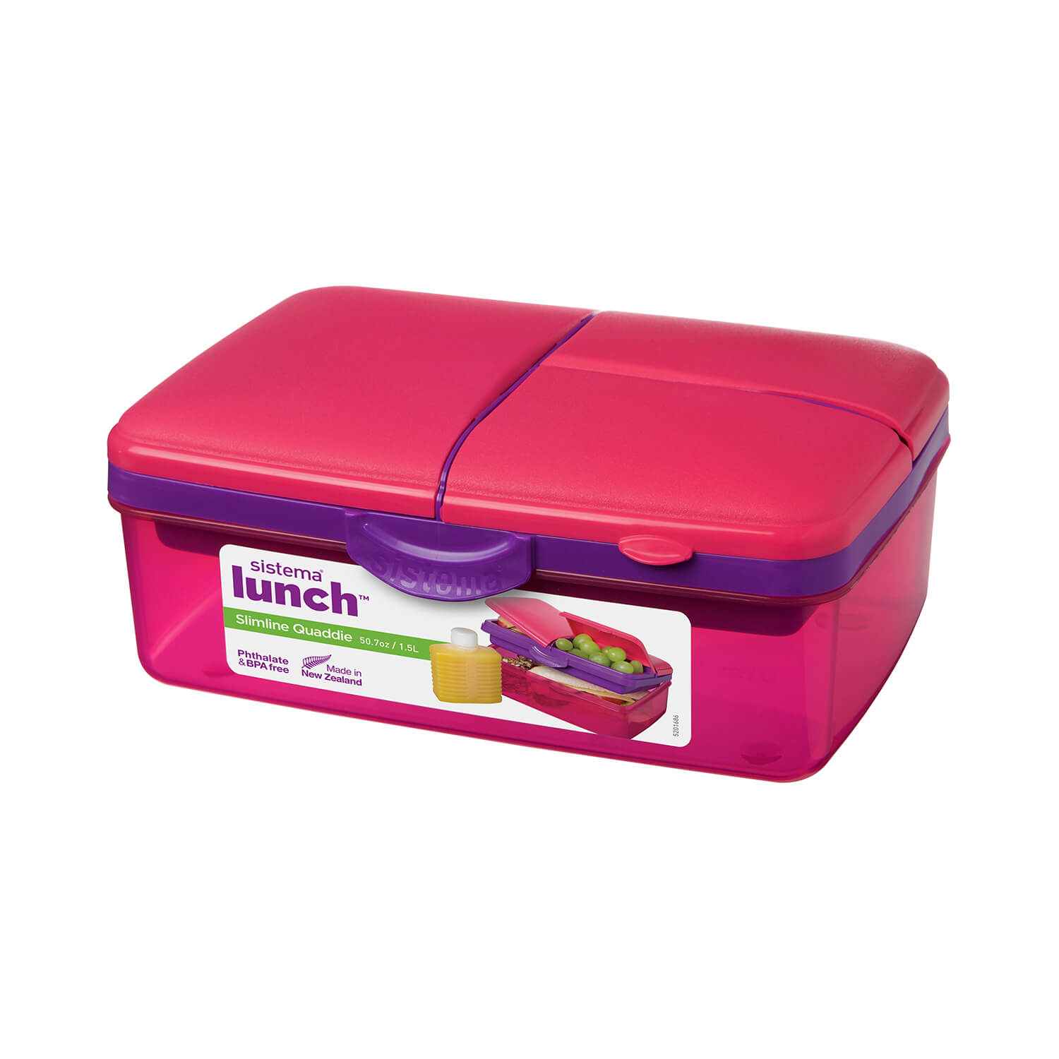 Sistema Lunchbox mit Trinkflasche, Slimline Quaddie, stapelbare Frühstücksdose mit Deckel, BPA-frei, 1,5 L, pink