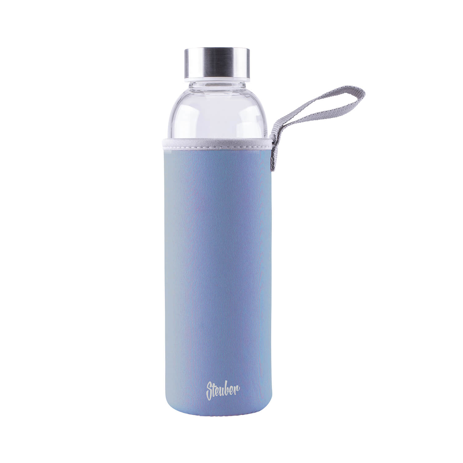 Steuber Glastrinkflasche mit Tasche und Tragelasche, Borosilikatglas mit Edelstahldeckel, 1000 ml, blau