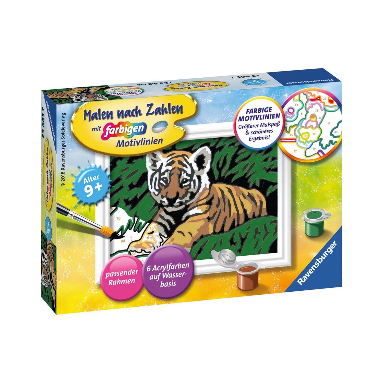 Malen nach Zahlen - Süßer Tiger mit 6 Acrylfarben auf Wasserbasis und farbigen Motivlinien, ab 7 Jahren