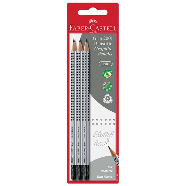 Bleistift Grip 2011 im 3er-Pack in silber mit dem Härtegrad HB, Radiergummi und bruchgeschützter Mine