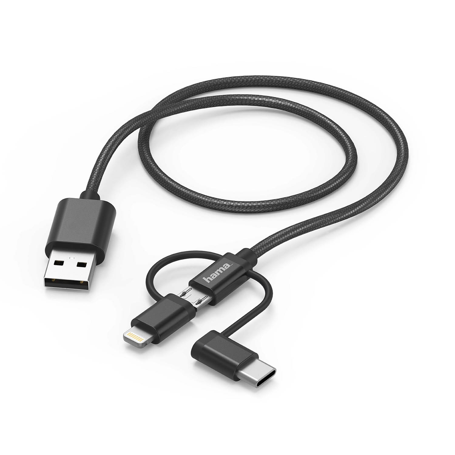 Lade-/Datenkabel 3 in 1, für Smartphones und Tablets mit USB-C, Lightning oder Micro-USB-Stecker, zusätzlicher Knickschutz